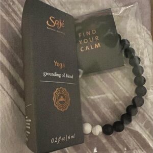 Saje Yoga oil blend, Black/White Yoga Beade Bracelet, pouch jute gift bag.